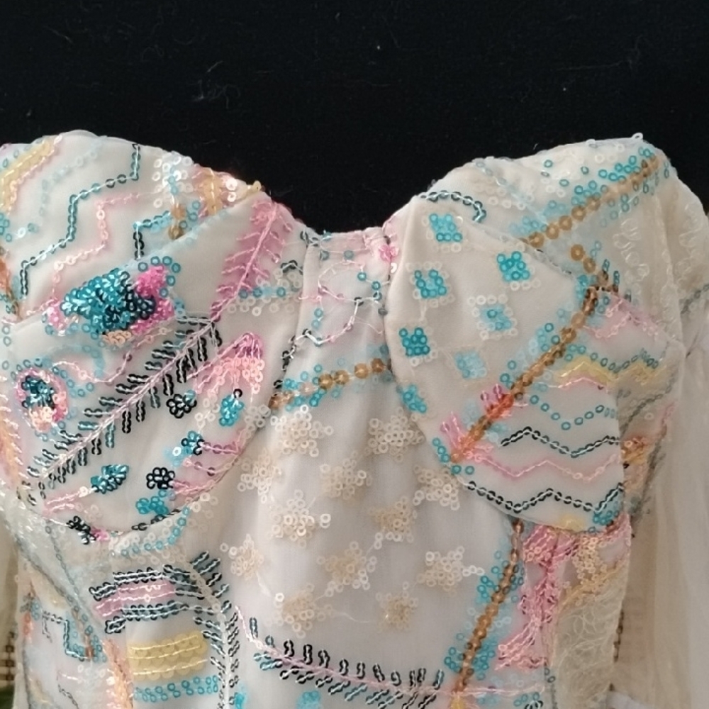 Colorful Patchwork Beaded Embroidery Off-Shoulder Dress Ruffle Small Dress - Picture 7 of 14